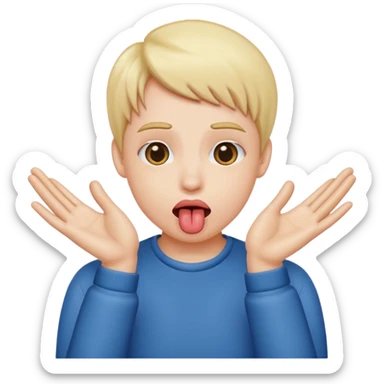 Person sticking out their tongue and with their hands to their sides next to their face with their palms facing out sticker