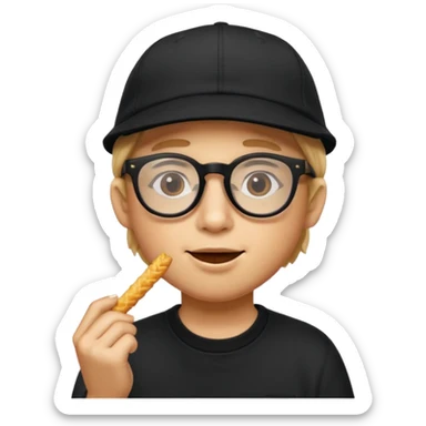 num num eatting hashbrown sticks with a plain black cap and glasses sticker