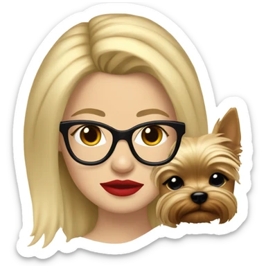 White girl, blonde hair, eyes closed, red lipstick wearing glasses hugs Yorkshire terrier  sticker