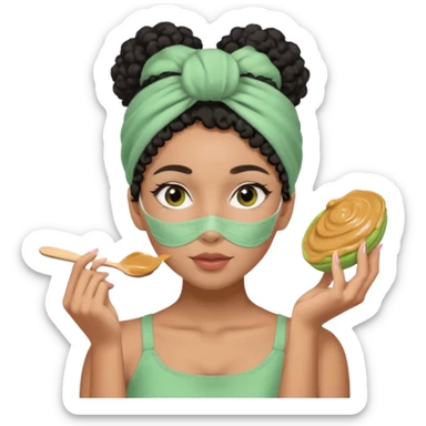 Mixed-race woman with caramel skin, slim thick, black curly hair in a bun, wearing a pastel pink headband, applying a green clay face mask sticker