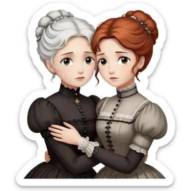 Two Victorian women with grey eyes in a sad, intimate hug. One has bright white coiffed hair, the other has dark copper coiffed hair. Both wearing Victorian high-neck dresses and embracing tightly. sticker