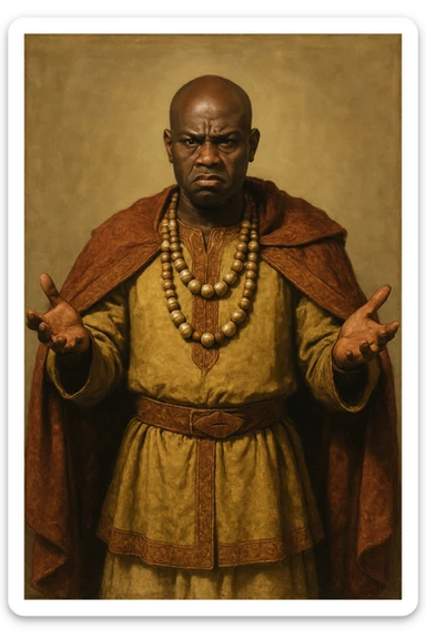 Сгенерируй мне афроамериканца в национальном африканском СРЕДНЕВЕКОВОМ костюме, с бусами лысого,  . Строго в анфас. Его лицо чуточку недовольно, а руками он размахивает и разводит в сторону. На однородном фоне. В стиле реалистичной живописи. Он полностью помещается в экран и не обрезается краями изображения sticker