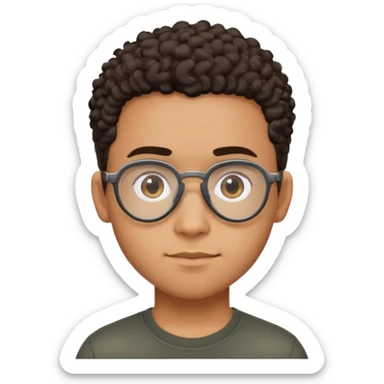 Young Latino man with small oval face, big forehead, aviator glasses, shaved sides with short curly hair on top, neutral-friendly expression, brown skin, black t-shirt sticker