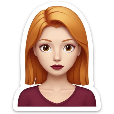 Ginger blonde, white skin, brown eyes, nude lips, burgundy top, no makeup, a bit of lashes sticker