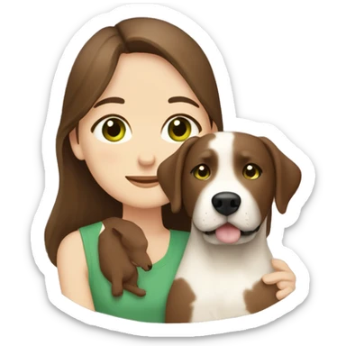medium brown haired girl with browny green eyes hugging a brown and white girl Labrador  sticker