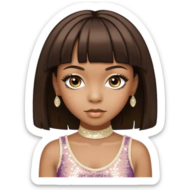 Left Eye from TLC with medium dark brown hair, ivory sequin outfit sticker