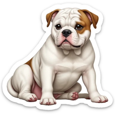 cinematic-[american bulldog]-realistic-full-body-sitting-emoji,-tail-resting-loosely-beside-its-paws,-head-tilted-dramatically,-fluffy-[colour]-fur,-simplified-yet-realistic-focused-features,-highly-detailed,-glowing-with-an-almost-sarcastic-glow sticker
