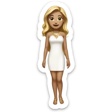 do a white but not too white girl with really dark blond hair brown eyes and gold jewelry, full body, legs arms and a white short dress sticker