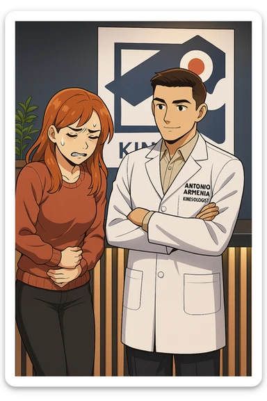 su questo stile fai un manga/webtoon a colori in cui una donna si lamenta che sta male e ha mal di pancia, l'uomo della foto in stile manga gli risponde, mantieni un ambiente simile alla foto che ho allegato con il suo logo (sarebbe il suo studio, lui è un kinesiologo), scrivigli "ANTONIO ANANIA" sul camice bianco, non mettere fumetti, ma fai in modo che sembri che la donna chiede una cosa e l'uomo risponde alla sua domanda sticker