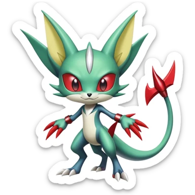 Cute Cool Edgy Shiny Futuristic Ethereal Legendary Kartana-Digimon-Sneasel-Scizor-hybrid full body sticker