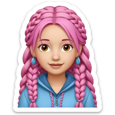 A light-skinned woman with long pink hair styled in braids, brown eyes, and a gentle smile. sticker
