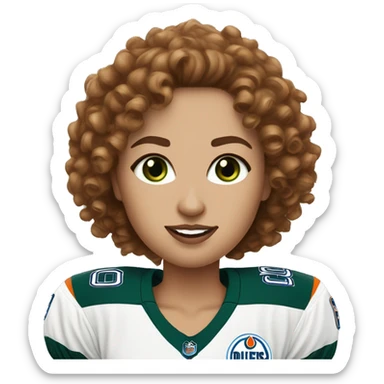 Brown curly hair white woman with green eyes wear an oilers jersey  sticker