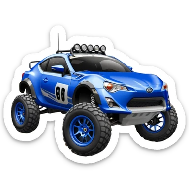 Dirty raced jacked 2013 scion fr-s ultramarine off road 4wd monster Baja dessert stadium rock racer number 86 with long travel suspension, shiny silver wheels, exaggerated wide black fender flares  sticker