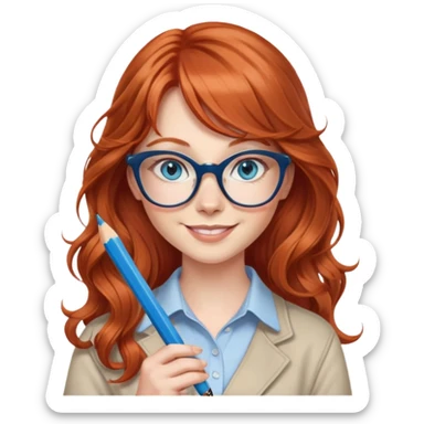 redheaded woman with very long wavy hair and bangs, blue eyes, clear cat-eye glasses, casual chic outfit, holding a pencil, smiling sticker