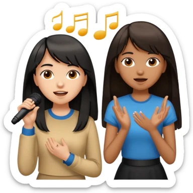 a brown girl with long black hair and a white girl with bangs and brown medium length hair singing together  sticker