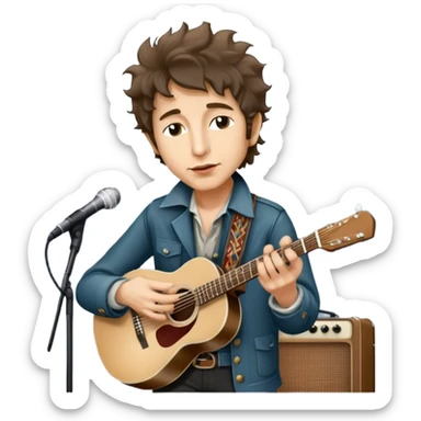 Icon for Folk Music: Bob Dylan with his harmonica and acoustic guitar, performing with his band on stage. The atmosphere should be intimate and nostalgic, capturing the soul of folk music with simple instruments and natural vibes. Transparent background. sticker