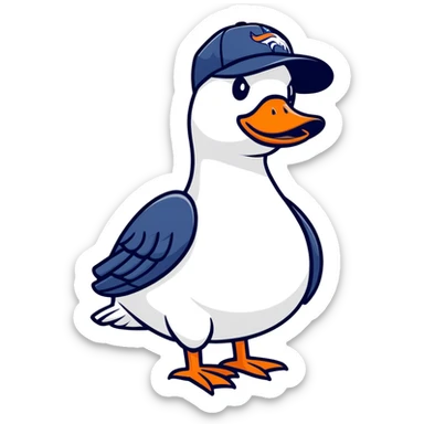 A silly white goose in a Denver Broncos baseball cap sticker