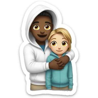 An emoji of a man wearing a white hoodie, standing next to his sister. He is hugging her warmly, showing a close sibling bond sticker
