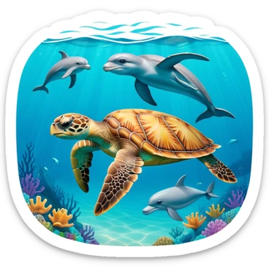 sea turtle swimming with dolphins sticker