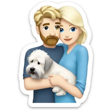 pretty woman blonde hair blue eyes hugging a white and gray soft coated wheaten terrier dog sticker