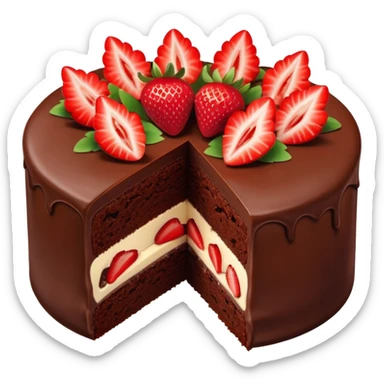 chocolate cake with a cut revealing the inside, topped with strawberries sticker