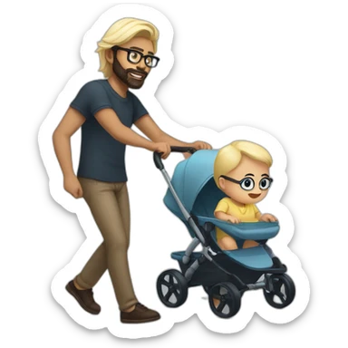 Black haired man with beard and glasses pushing buggy with blonde baby sticker