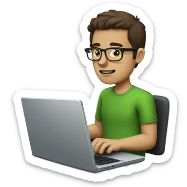 white guy with dark brown hair square glasses typing in laptop wearing green t-shirt working in call center sticker