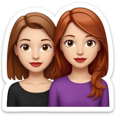 I want you to create me an emoji of two girls: one with light skin, shoulder length hair (straight and brown), brown eyes with very long eyelashes and full lips; the other girl must also have light skin, shoulder length hair (wavy and red), brown eyes and a nice smile with glossy lips sticker