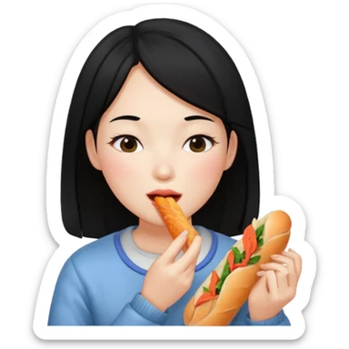 Girl black long hair eat kimchi close eyes baguette sticker