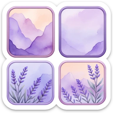 The art style is clean line art with delicate watercolor textures, pastel colors, and a dominant palette of lavender, soft lilac, and muted purple.  Delicate frames to border text sticker