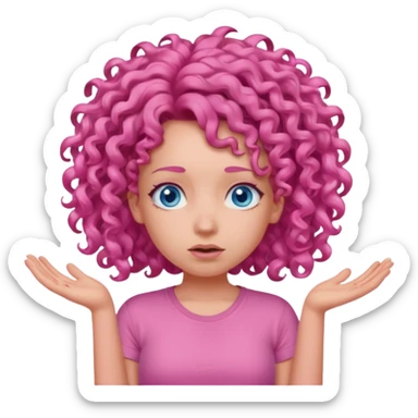Girl in pink t shirt with pink curly hair and blue eyes shrugging  sticker