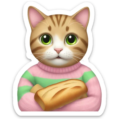 Cat wearing pink and green stripe sweater and eating bread sticker