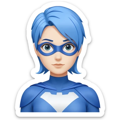 A close-up emoji of a friendly woman with blue hair (no eye mask) wearing a minimalist blue and white superhero costume. The costume has a large empty area on the chest for the logo, uses only blue and white colors, and has minimal details. sticker