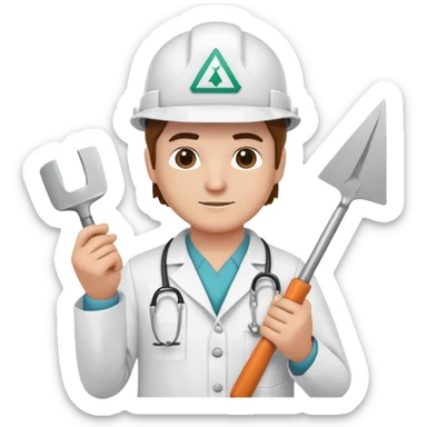 Brick mason wearing a hard hat but in a doctors gown emoji holding a triangle shaped trowel sticker