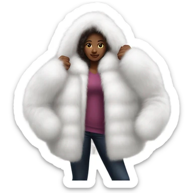 Girl in a extremely big fluffy oversized white fur coat with hood on. The fur is real and it’s very obvious big and fluffy  sticker