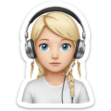 girl with blonde hair and blue eys, having on ears heaphones, with heands telling what, with white shirt sticker