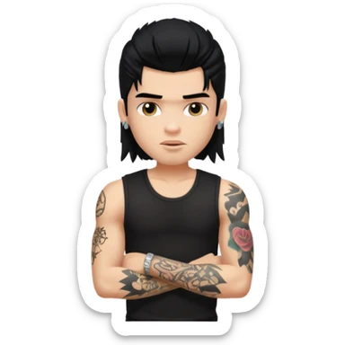 a pretty bratz guy with a black mullet and a sleeveless black top with tattoos on arm sticker