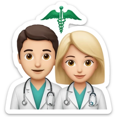 A cute cartoon-style emoji of a Saudi male and female doctors wearing white lab coats with the Alfarabi Medical Laboratories logo. Friendly smiles, soft colors, and simple features, suitable for medical branding and social media. sticker