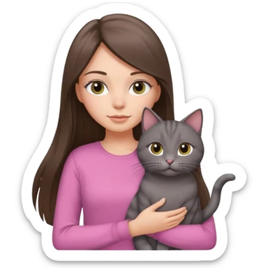 a white girl with brunette long straight hair holding a grey cat. the girl has long lashes and has on a pink shirt. sticker