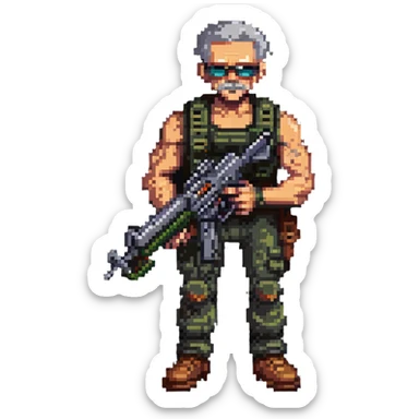 old skinny tough charismatic character from STALKER with a big machine gun sticker