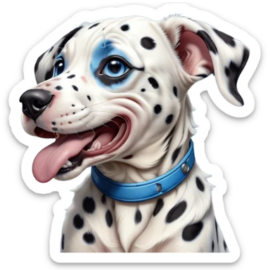 Cinematic Cute Yawning Harlequin Dalmatian Portrait Emoji, Head tilted slightly with a dramatic, wide-open yawn, showcasing a smooth Fur of predominantly white with bold black patches, floppy ears slightly drooping, round blue eyes barely open in drowsy contentment, Simplified yet irresistibly adorable features, highly detailed, glowing with a soft, cozy glow, high shine, relaxed yet expressive, stylized with a touch of whimsy, bright and endearing, soft glowing outline, capturing the essence of a sleepy yet affectionate guardian, so drowsy it feels like it could stretch out of the screen and curl up for a nap! sticker