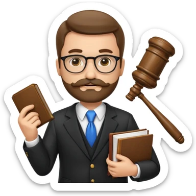 “Create a clean, modern emoji-style illustration of a male lawyer. He is wearing a formal suit jacket. He is holding a judge’s gavel (QUE SE VE DE COSTADO) in one hand and has a law book tucked under his arm. He has a mustache and beard (BARBA)!, and GLASSES sticker