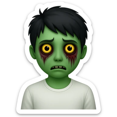 Add green skin to the zombie boy with black shaggy emo hair, creepy and spooky face, wearing a white shirt, no background, in emoji style. sticker