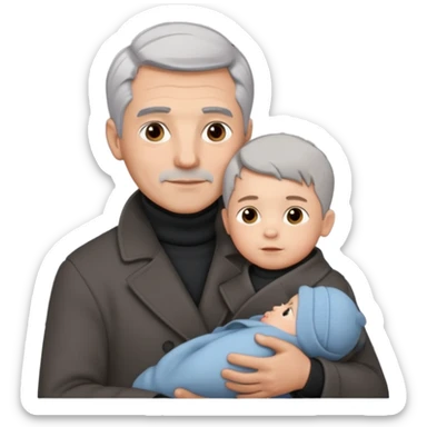 A father with silver-grey hair styled neatly and a clean-shaven face, wearing a dark turtleneck and wool coat, holding his baby sticker