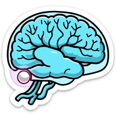 Cute sticker of a pearl and light blue capsule floating around a transparent brain with sparkling neural connections, surrounded by a gentle focus enhancing fog sticker