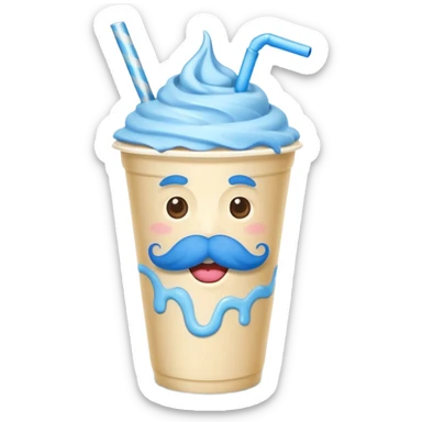 milkshake in a paper cup with blue mustache sticker