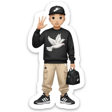 Crea Un Emoji De Cuerpo Completo Que Sea Hombre Con Corte Alucin Que Tenga Gorra Nike, Suéter Negro Que Tenga La Letras LA El La Parte Del Corazón, Zapatos Adidas Con Una Palomita✅, Pantalón Ancho O Bellaco Con Unos Diseños De Palomas Blancas Y Asiendo Una Pose Con Su Mano Que Sea Está 🤙🏽. sticker