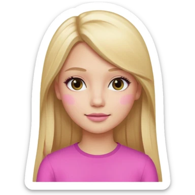a blonde girl with long straight hair, pretty face, light day makeup wearing pink memoji sticker