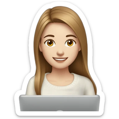 smiling woman with pale skin and middle brown long straight hair wearing a white woolly shirt and working on a two laptops sticker