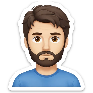 Caucasian Argentine man with wavy dark brown hair, longer loose hairstyle with wavy bangs, short full beard, serious-neutral expression, basic blue t-shirt sticker